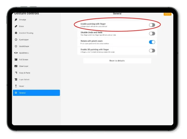 A screenshot showing the Procreate Gesture Controls panel with the Enable painting with finger option highlighted and toggled off.