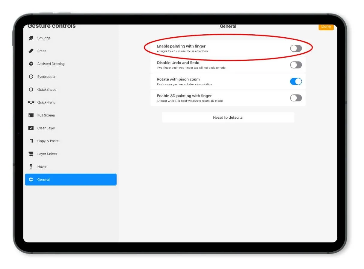 A screenshot showing the Procreate Gesture Controls panel with the Enable painting with finger option highlighted and toggled off.